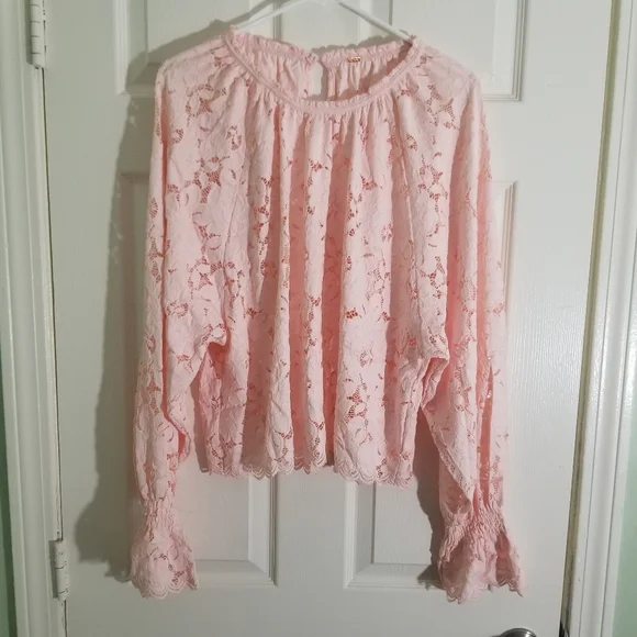 Free People Olivia Lace Top Pink Long Sleeve Size Medium - Picture 3 of 6